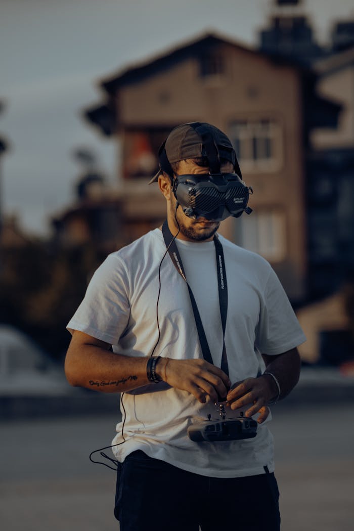 gallery-6 Adult man using a VR headset to operate a drone in an outdoor setting, showcasing modern technology and recreation.