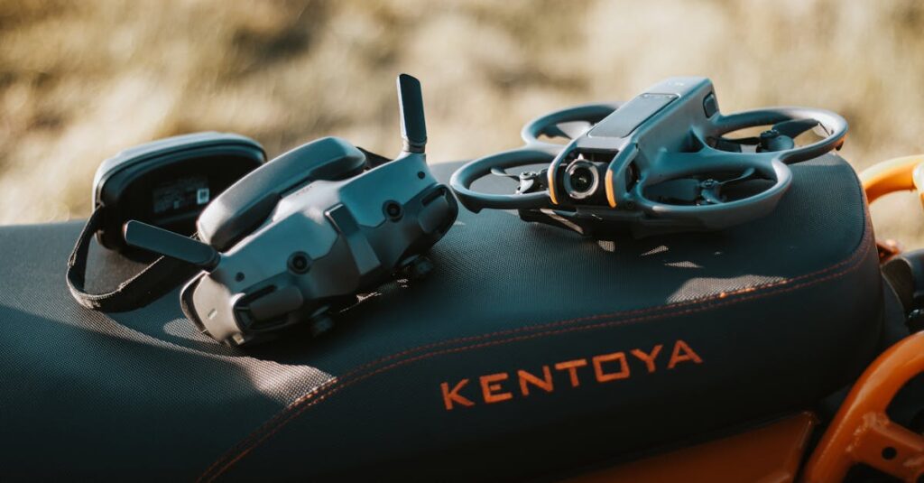 pexels photo 28879470 28879470 FPV drone and goggles placed on a motorcycle seat with 'Kentoya' visible, showcasing outdoor tech setup.